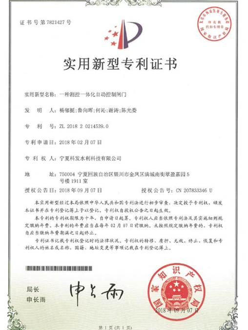 測控一體化自動(dòng)控制閥門專利證書